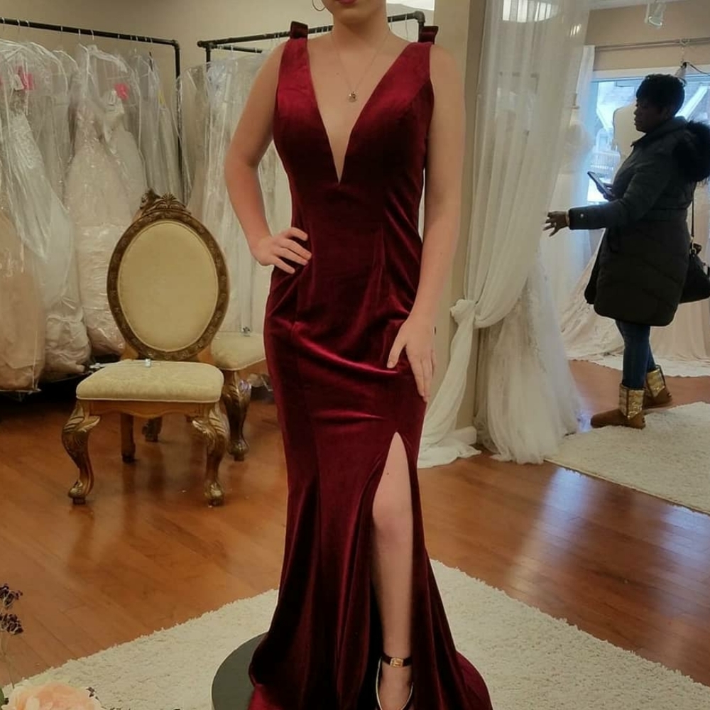 Burgundy velvet prom dress
